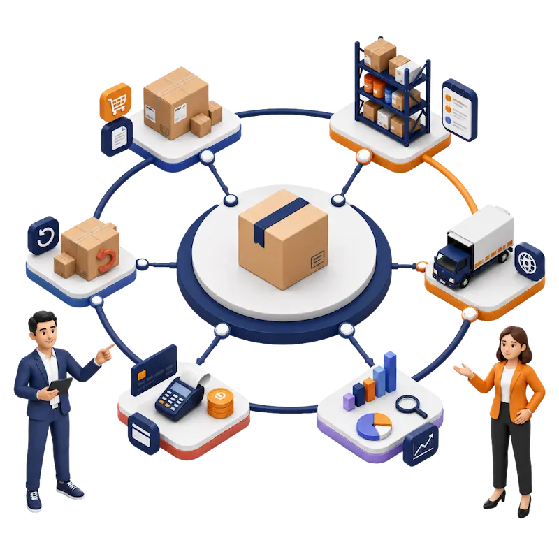 ElitesEcom order management system character illustration showing multichannel e-commerce operations