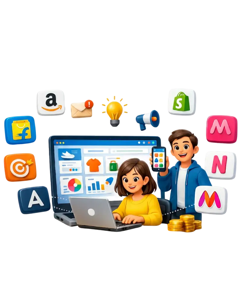 E-commerce marketplace integration hub showing connections to Amazon, Flipkart, Myntra, Shopify and other platforms